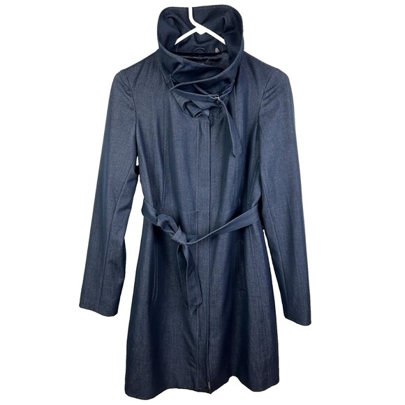 Tahari Navy Blue Chambray Trench Coat Lightweight Belted Jacket Funnel Neck XS - Picture 2 of 16